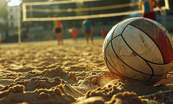 Beach Volleyball Sunset Scene: A Close-Up on a Sand-Covered Ball - Powered by Adobe