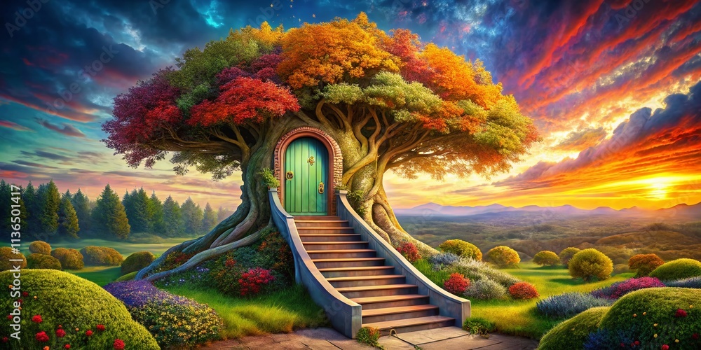 Aufkleber enchanting multicolored abstract tree with door and stair leading to a dreamlike world of colorful l