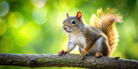 A fluffy-tailed squirrel perched on a mossy branch, basking in the sunlight of a vibrant green forest