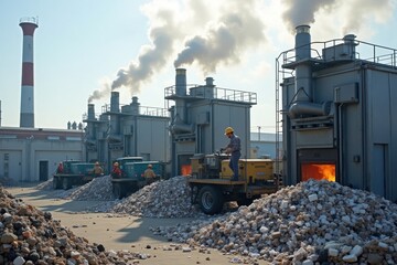 A waste incineration facility with large storage containers and smoke stacks. Workers in helmets operate machines while waste is being fed into the furnaces
