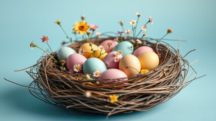 Obraz premium Pastel Easter eggs nestled in a twig bird's nest with delicate wildflowers