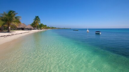 Naklejka premium Idyllic Tropical Beach Scene Boats Palm Trees Clear Water