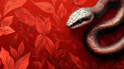 Fototapeta premium A striking digital illustration of a coiling snake against a vibrant red backdrop, ideal for Year of the Snake celebrations, mystery-themed events, or wildlife art.
