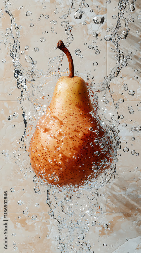 Poster golden pear surrounded by splashing water with bubbles and clear reflections