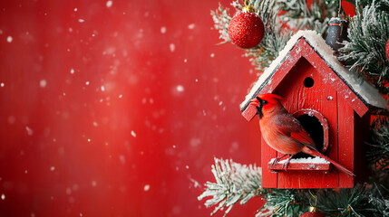 festive birdhouse with cardinal perched, surrounded by snowflakes and holiday decor