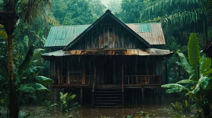 Weathered Wooden House in Lush Tropical Rainforest during Rain