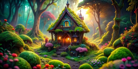 Fairytale Forest House Illustration, Magical Cottage, Whimsical Forest Scene, Enchanted Home, Fantasy Art
