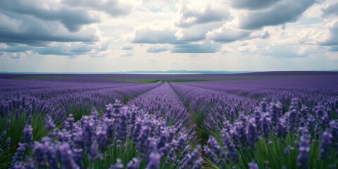 Fototapeta premium A Serene Lavender Field Stretching to the Horizon Under a Cloudy Sky