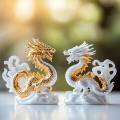 Fototapeta premium Two beautifully detailed dragon figurines, one gold and one white, elegantly posed against a soft blurred background, symbolizing strength and harmony.