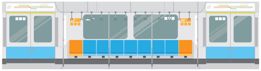 a drawing of an empty subway train inside side view with the front facing windows and doors