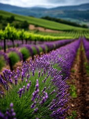 Obraz premium Lavender field blooming in vineyard landscape