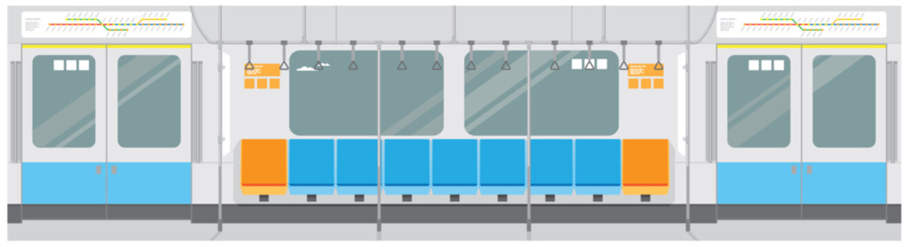 a drawing of an empty subway train inside side view with the front facing windows and doors