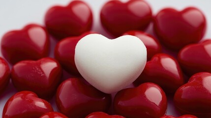 White Heart-Shaped Candies Centered in Red Hearts, Macro Photography Romantic Style for Valentine's Day Mood, High Resolution Professional Shot

