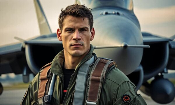 Military fighter pilot in flight uniform. Military pilot against the background of a combat aircraft. Test pilot and supersonic aircraft.