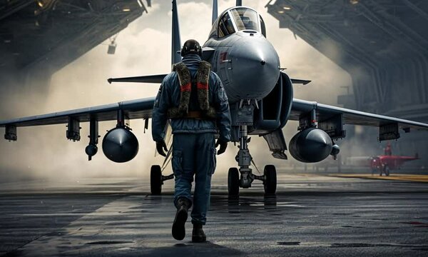 Military pilot against the background of a combat aircraft. Military fighter pilot in flight uniform. Test pilot and supersonic aircraft.