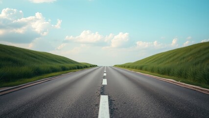 Asphalt road stretching towards a horizon under a partly cloudy sky, flanked by gently sloping green hills