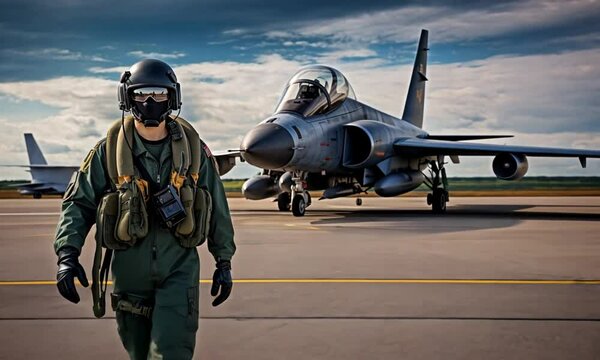Military fighter pilot in flight uniform. Military pilot against the background of a combat aircraft. Test pilot and supersonic aircraft.