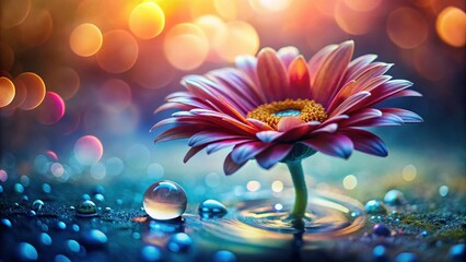 A single blossoming flower, reflecting in a pool of water, surrounded by glistening droplets and soft-focus bokeh lights