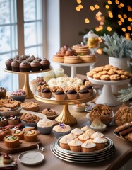Generated image  A festive dessert table with assorted cupcakes, pies, and cookies.
