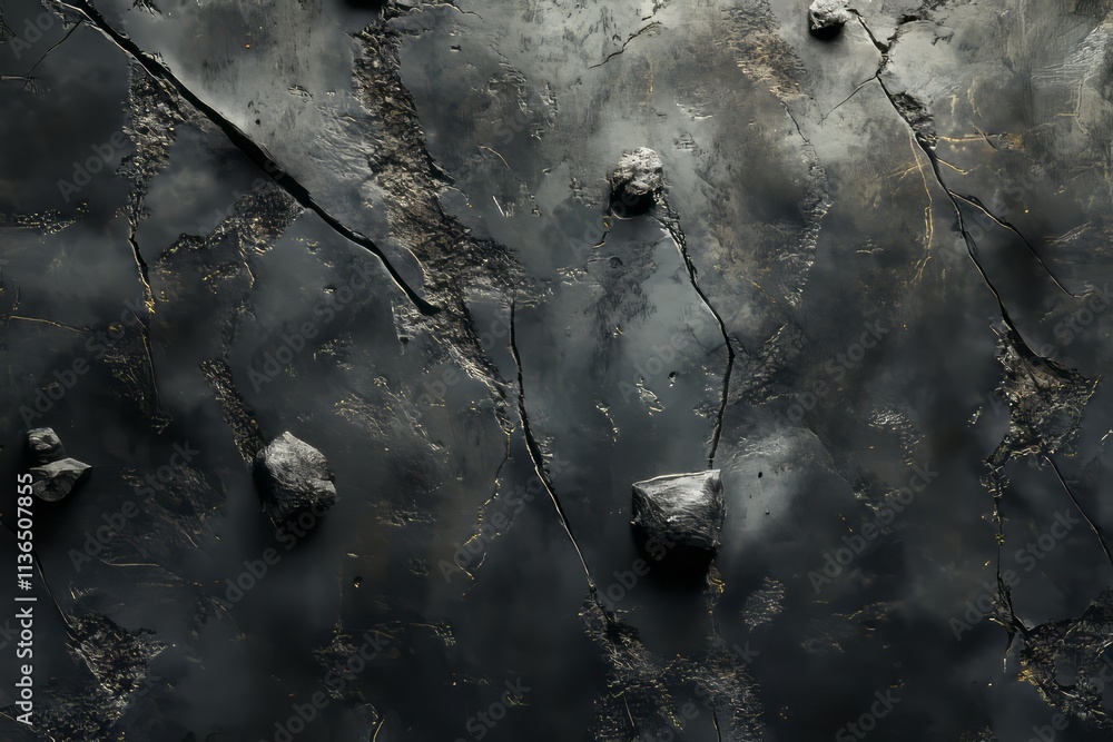 Poster Striking texture of 3D concrete surface with deep cracks and embedded objects showcasing unique geological features