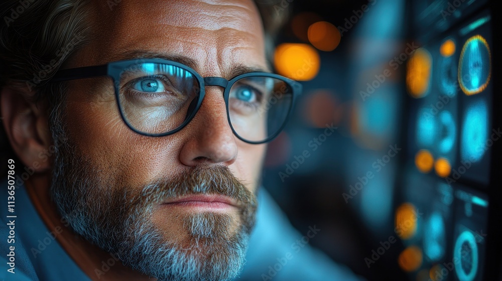 Aufkleber focused man analyzing data on digital interface