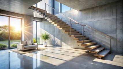 Fototapeta premium Modern home interior showcasing a contemporary wooden staircase with a sleek metal railing against a textured concrete wall, bathed in warm sunlight streaming through large windows.