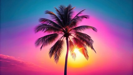 Obraz premium Silhouette of a single palm tree at sunset with vibrant pink and blue sky