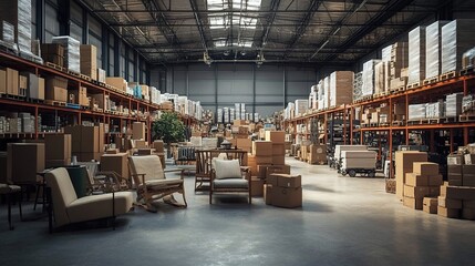 Obraz premium A warehouse filled with furniture and boxes, showcasing the storage space for home decor items. 