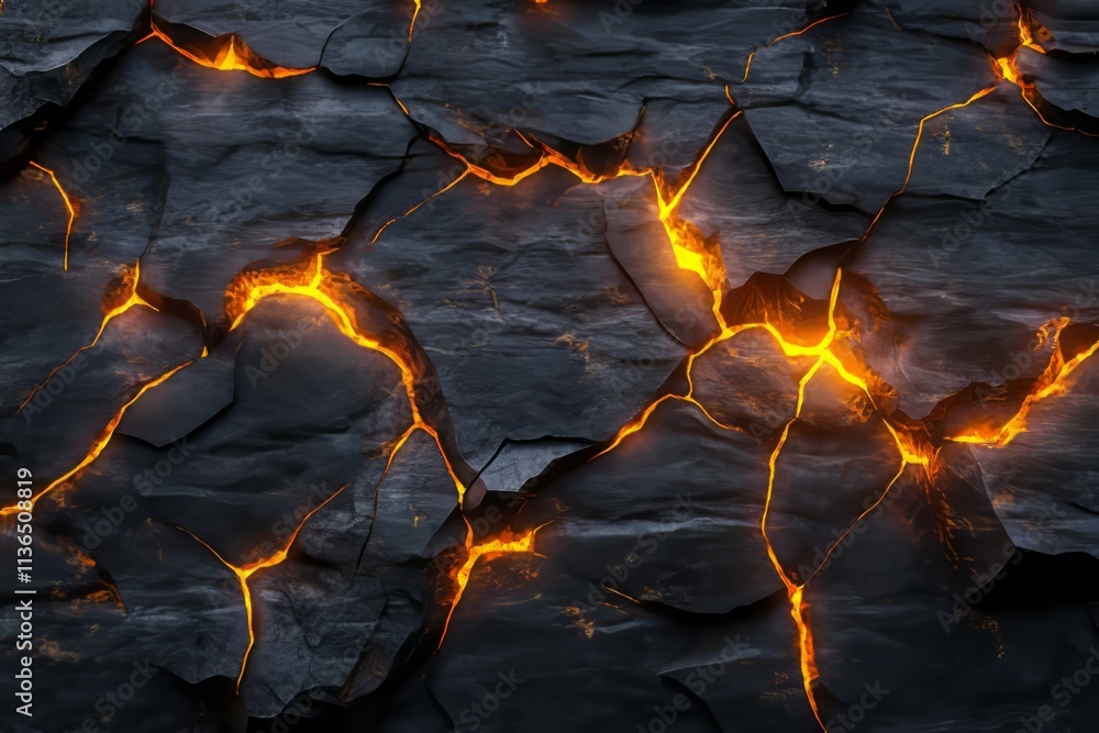 Aufkleber jagged rock surface texture featuring glowing cracks that illuminate dark formations and create a st