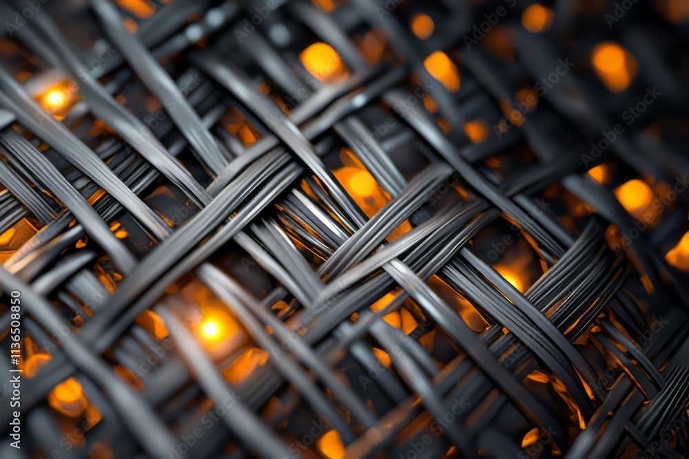 Poster texture of 3d mesh with interwoven lines and glowing highlights creating a dynamic visual experience