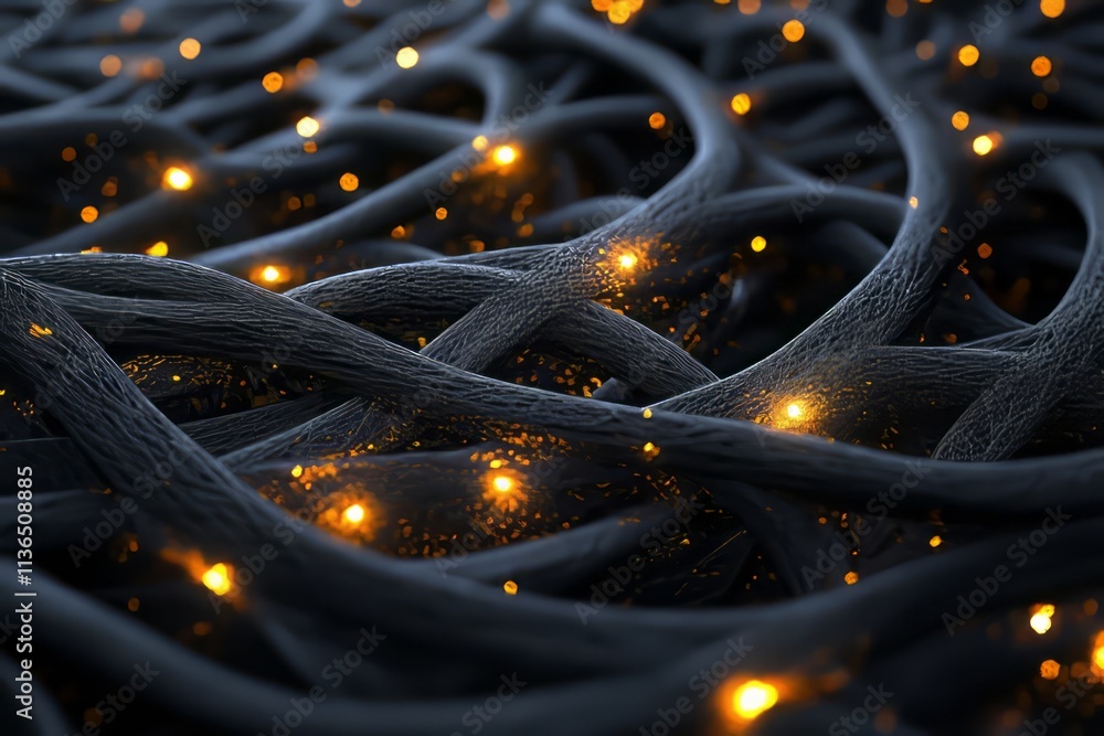Poster Intricate 3D mesh texture features glowing highlights with interwoven lines creating a dynamic design