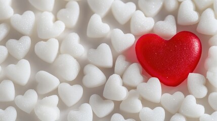 Fototapeta premium Close-Up of White Sugar Hearts with Central Red Heart Symbolizing Love and Affection for Valentine's Day, Solid Color Background Highlights Color Contrast 