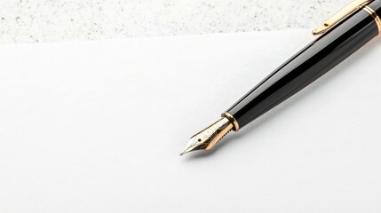 Elegant Black Fountain Pen on White Paper Close up