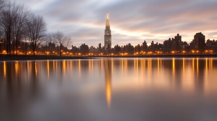 Obraz premium Serene Dawn City Skyline Reflection Tranquil Waters Urban Landscape