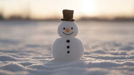 Cute Snowman in Snowy Field at Sunset Winter Fun