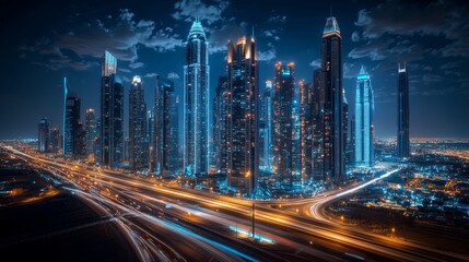 Fototapeta premium Modern city skyline at night with illuminated skyscrapers