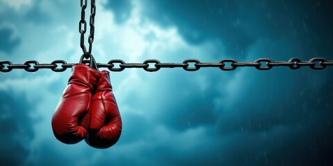 Red boxing gloves hanging from a heavy chain against a stormy sky