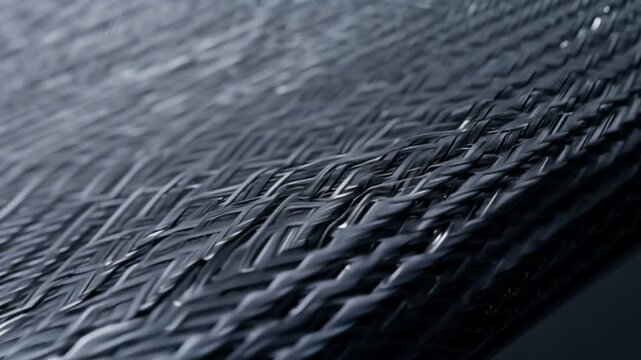 Zoom in video of a carbon fiber texture featuring deep black with tight weave patterns and hard light