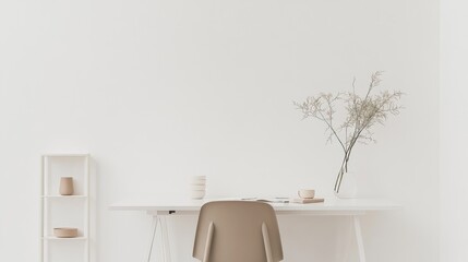 Minimalist plain white background for product photography featuring a single white table and chair. Clean, well-organized desk setup in neutral tones with minimal furniture, high-key lighting