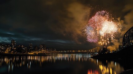 Wide Shot of Colorful Fireworks Over Urban River, City Lights Reflecting on Water, Bridge in Background, Dark Grey Sky with Clouds, Celebration and Excitement of New Year's Eve Party Atmosphere
