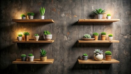 Modern minimalist interior design featuring multiple wooden shelves with various potted succulents and plants against a textured dark gray wall.