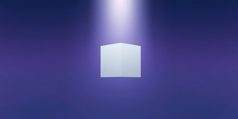 A single white cube illuminated by a spotlight against a deep purple backdrop