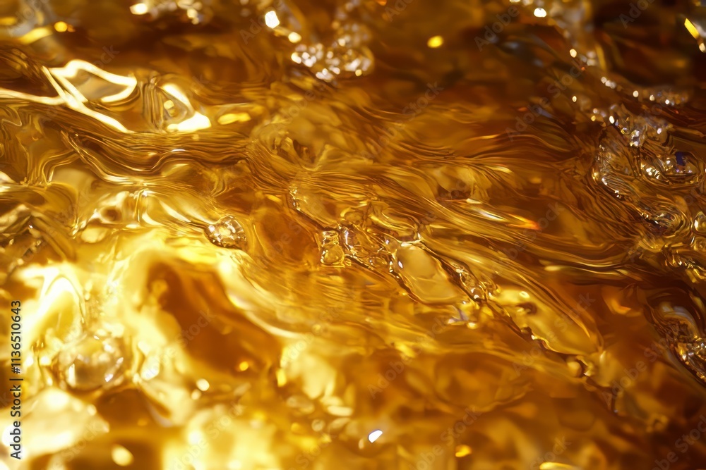 Poster Liquid-like golden texture with shimmering reflections in a close-up view of water at a vibrant location