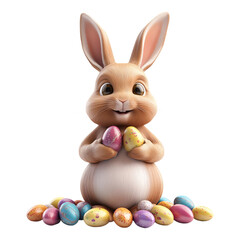 A bunny surrounded by chocolate Easter eggs, isolated on a transparent background, perfect for Easter, holiday celebrations, or festive-themed designs.