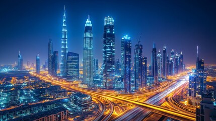 Fototapeta premium Futuristic city skyline at night with illuminated skyscrapers