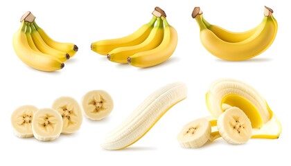 A set of Banana isolated on a white background. It includes whole,halved and slice, all with full depth of field. --ar 7:4
