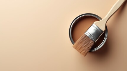 a banner with an image of a brush lying on a can of paint, with a top view of the background with the color mousse mocha in a minimalistic style with free space 
