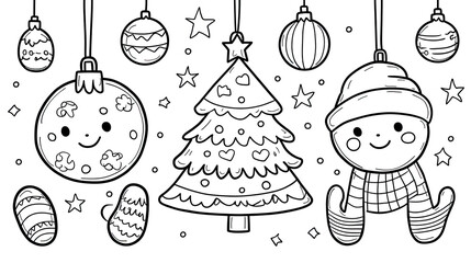 Naklejka premium Cute Christmas ornaments, tree, and snowman coloring page.