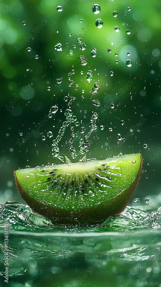 Poster kiwi slice splashing into green water with droplets and ripples in motion