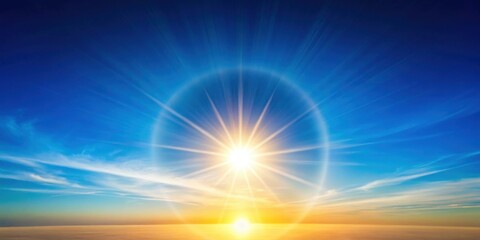 Obraz premium A radiant sunrise with bright sun rays and a halo effect in a vivid blue sky